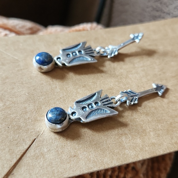 NWOT Native American Navajo Denim Lapis & Sterling Thunderbird Dangle Earrings - Picture 3 of 12